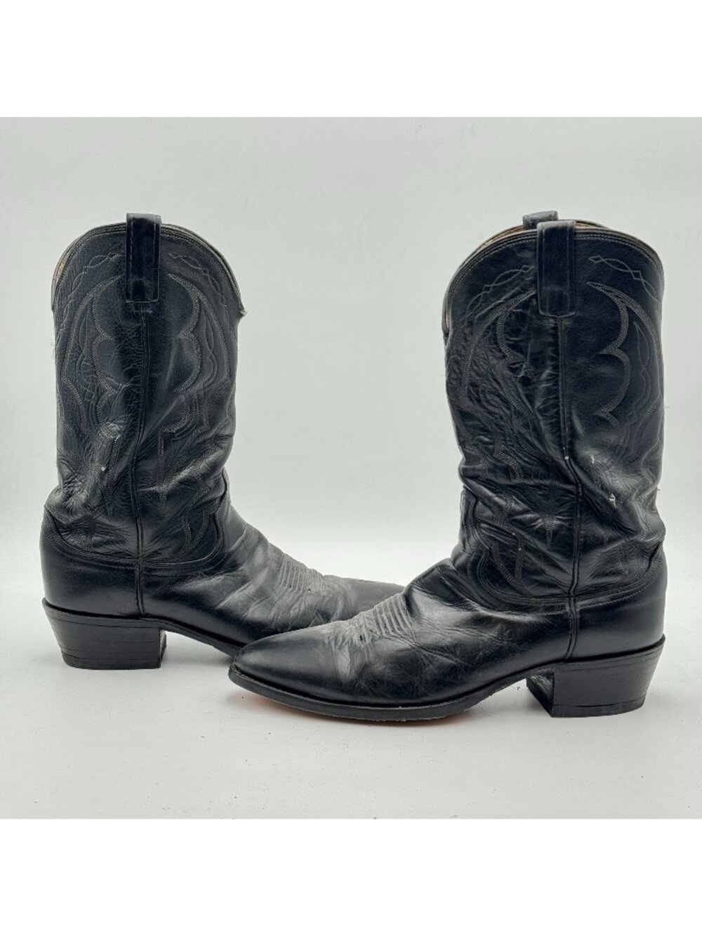 Vintage Dan Post Cowboy Boots Mens 12D Embroidered Black Leather Western USA